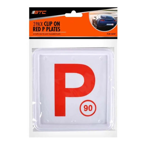 Packaged red 'P' plates with a visible brand logo on a white background