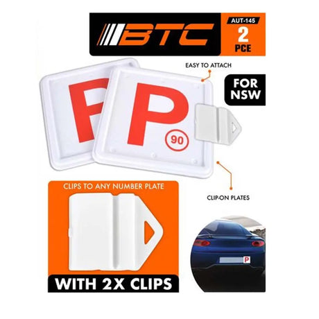 BTC car number plate holder with 'P' and '90' marking, packaging, and installation on a car.