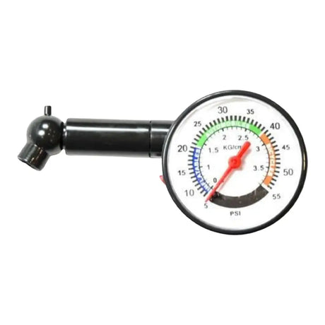 Black tire pressure gauge with a white dial on a white background