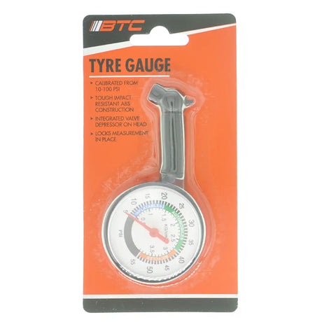 Tyre gauge in packaging with BTC branding