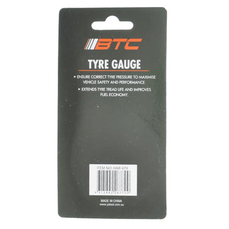 BTC tyre gauge packaging with branding and product details on a white background