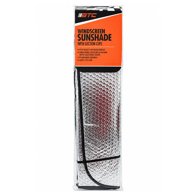 A packaged silver reflective windscreen sunshade with suction cups, shown in a clear plastic sleeve with an orange and black header card. The product is photographed against a plain white background.