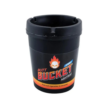 Black butt bucket ashtray with branding on a white background