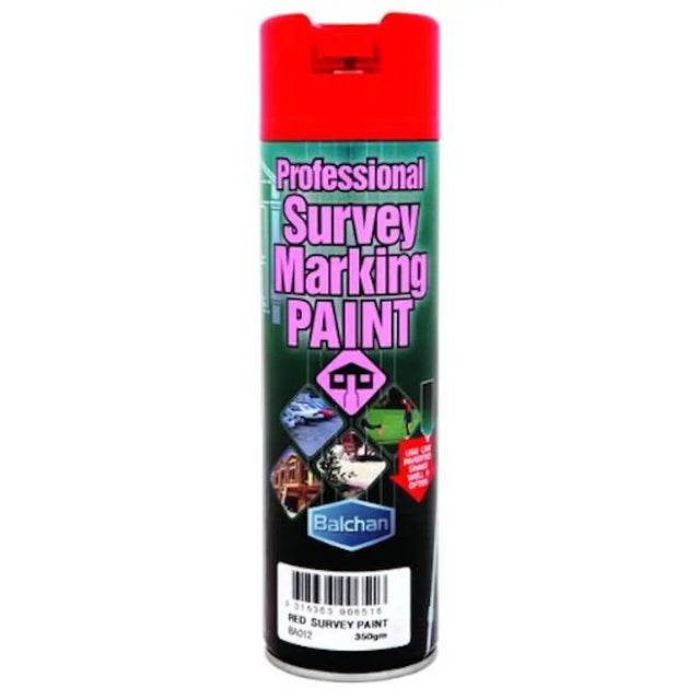 Can of Balchan professional survey marking paint with red cap on a white background