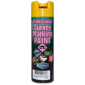 Can of Balchan professional survey marking paint with yellow cap on a white background