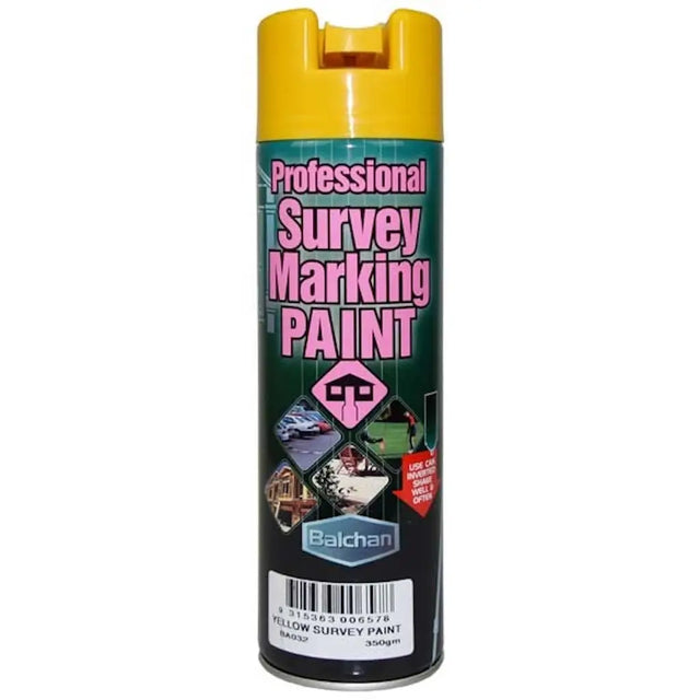 Can of Balchan professional survey marking paint with yellow cap on a white background