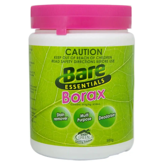 Container of Bare Essentials Borax with green label and pink lid on a white background