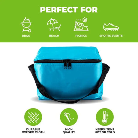 Blue cooler bag with black straps on a white background, featuring icons and text about its uses and features.