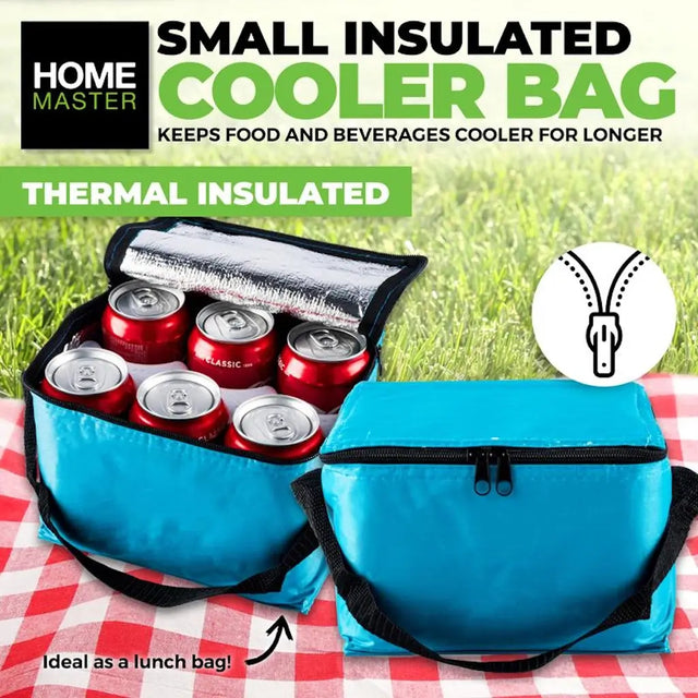 Blue insulated cooler bag with red cans on a grass background, featuring Home Master branding.