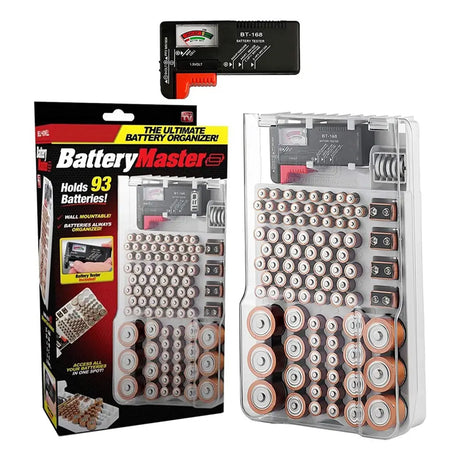Battery organizer with batteries and packaging on a white background
