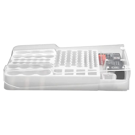 Clear plastic kitchen utensil holder with cutlery on a white background
