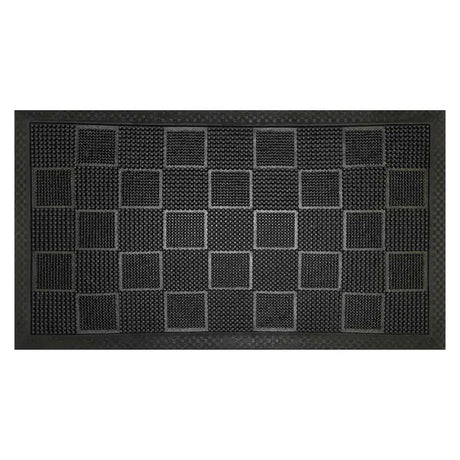 Black doormat with a grid pattern on a white background