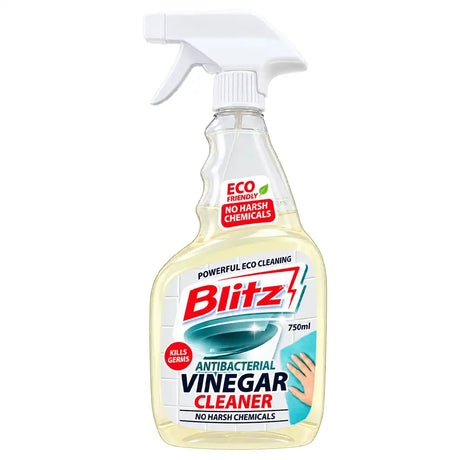A 750ml spray bottle of Blitz Antibacterial Vinegar Cleaner on a solid white background. The bottle is made of transparent plastic filled with a pale yellow liquid, featuring a white trigger spray cap and a detailed label with red, blue, and white graphics.