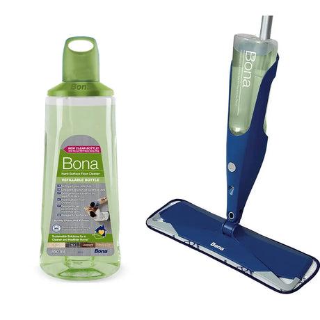 Bona floor cleaning system with green bottle and blue mop on a white background