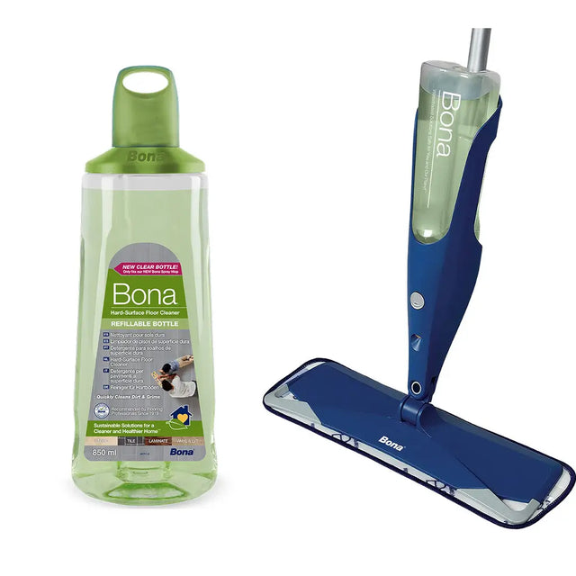 Bona floor cleaning system with green bottle and blue mop on a white background