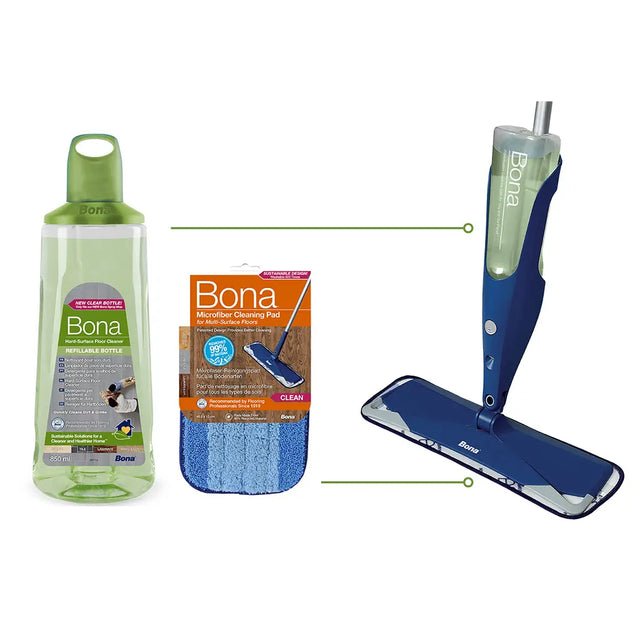 Bona cleaning products including a bottle, pad, and mop on a white background