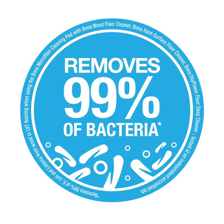 Circular blue badge claiming to remove 99% of bacteria with white text on a white background