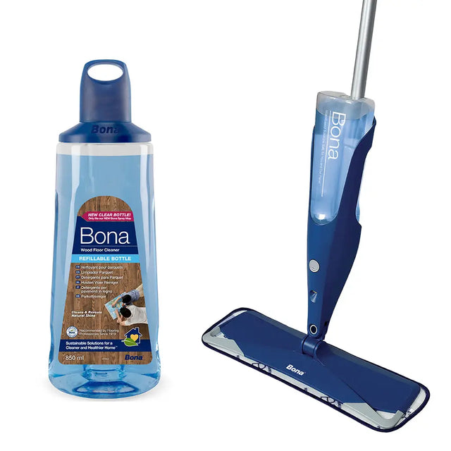 Bona wood floor cleaning system with refillable bottle and mop on a white background