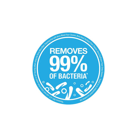 Blue circular logo stating 'Removes 99% of bacteria' on a white background