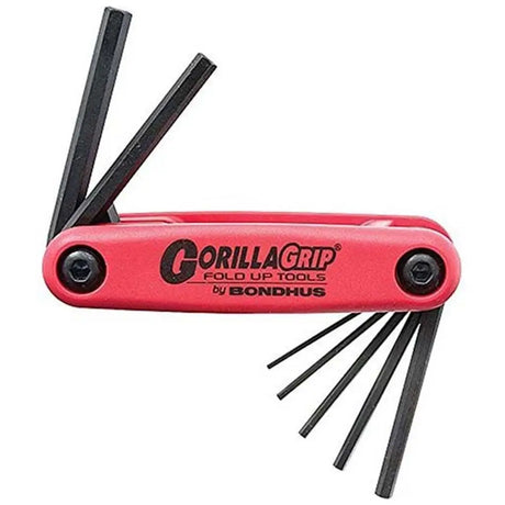 Red GorillaGrip fold-up tool with black hex keys on a white background