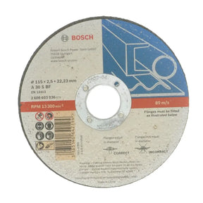 A circular Bosch abrasive cutting disc with a center hole, featuring a white, blue, and red printed design with safety icons and specifications.