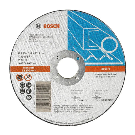 A circular Bosch abrasive cutting disc with a silver textured surface, featuring orange and blue printed text and diagrams, including the Bosch logo and product specifications.
