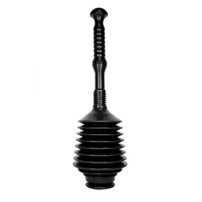 A black rubber plunger with a ribbed handle and a flared, accordion-style rubber base, shown against a plain white background.