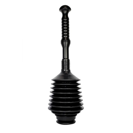 A black rubber plunger with a ribbed handle and a flared, accordion-style rubber base, shown against a plain white background.