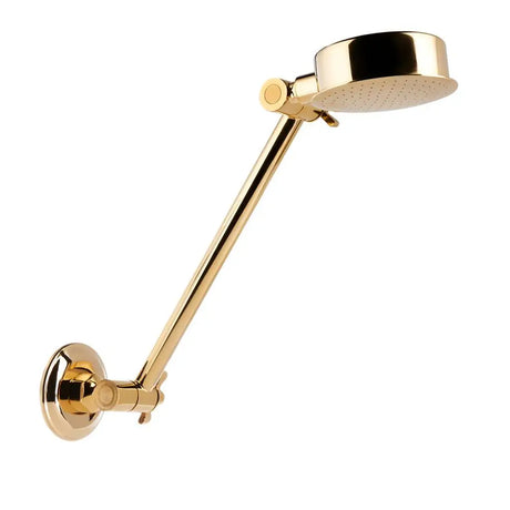 Gold shower head with adjustable arm on a white background