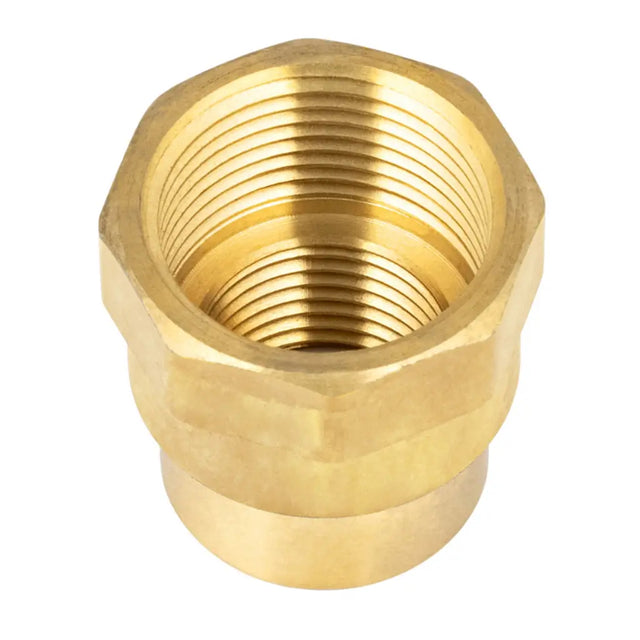 Brass hexagonal pipe fitting on a white background
