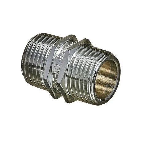 Metal fitting with threaded ends on a white background