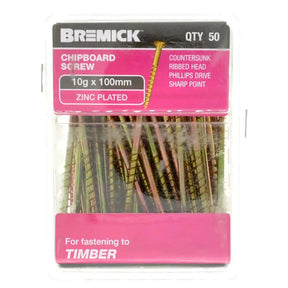 Pack of Bremick chipboard screws with pink and gray packaging.