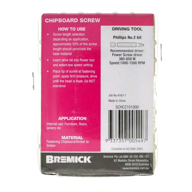 Bremick chipboard screw packaging with pink and white design