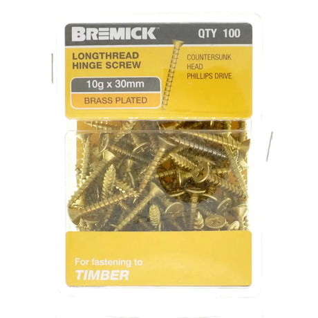 Pack of Bremick longthread hinge screws with yellow packaging on a white background