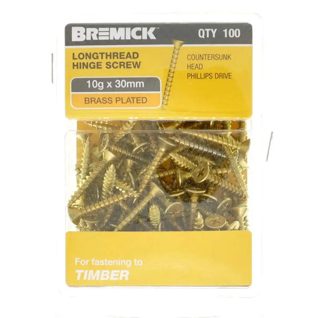 Pack of Bremick longthread hinge screws with yellow packaging on a white background