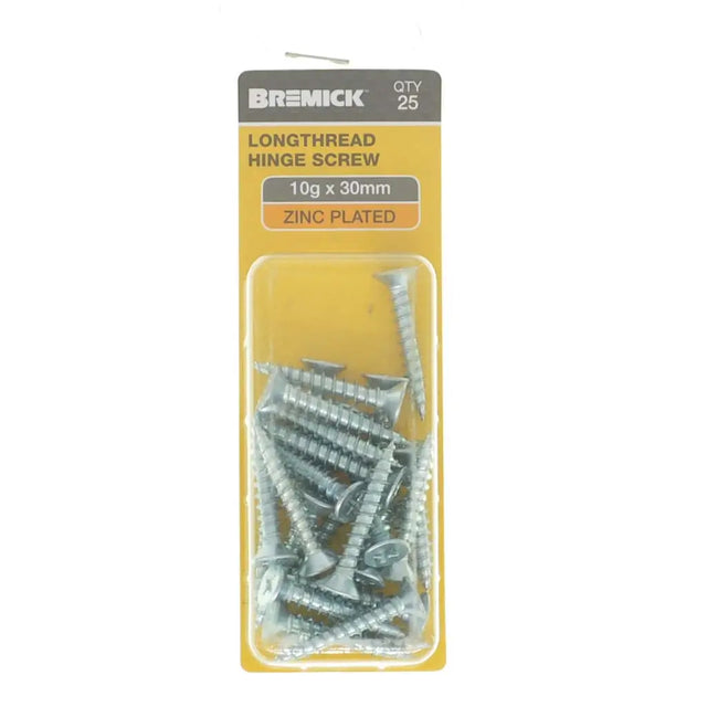 Pack of Bremick lengthhead hinge screws on a white background