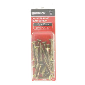 Pack of Bremick countersunk head screws with packaging on a white background