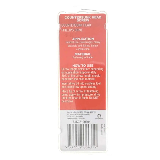 Packaging of a countersunk head screw with text on a white background