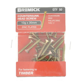 Pack of Bremick countersunk head screws with packaging details on a white background