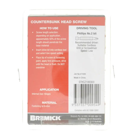 Bremick countersunk head screw packaging with text on a white background
