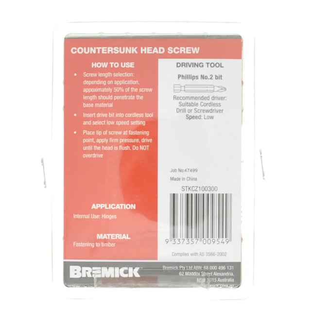 Bremick countersunk head screw packaging with text on a white background