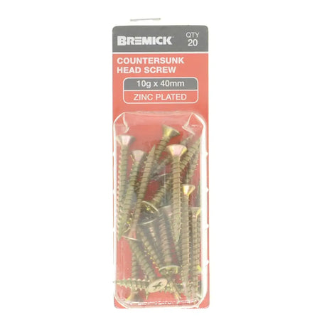 Pack of Bremick countersunk head screws with packaging on a white background