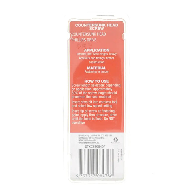 Packaging of a screw with text and a barcode on a white background