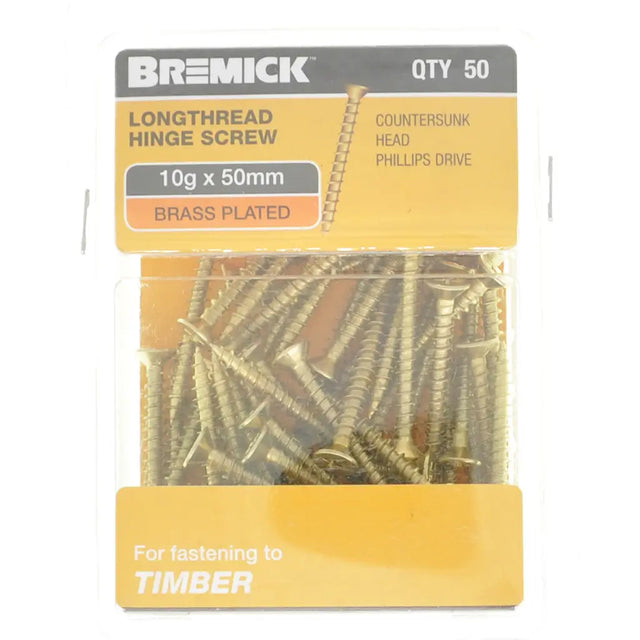 Pack of Bremick longthread hinge screws with packaging details on a white background