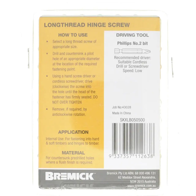 Packaging of a longthread hinge screw with instructions and branding details.