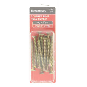 Pack of Bremick countersunk head screws on a white background
