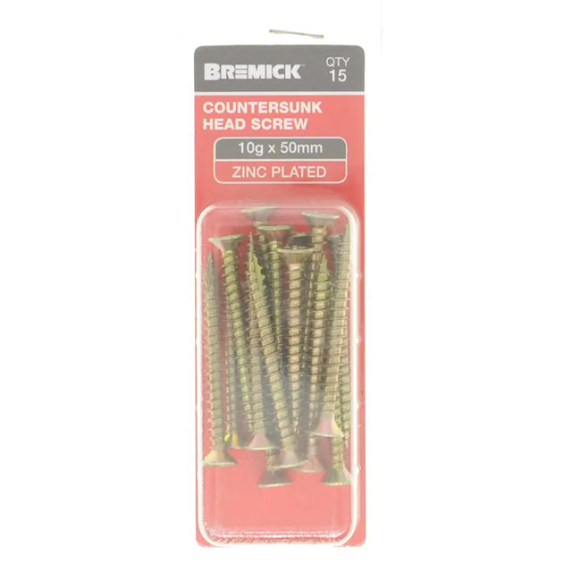 Pack of Bremick countersunk head screws on a white background