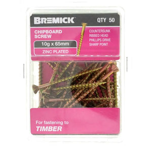 Pack of Bremick chipboard screws with pink and white packaging.