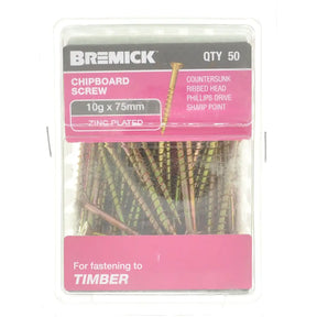 Bremick chipboard screws packaging with screws visible inside