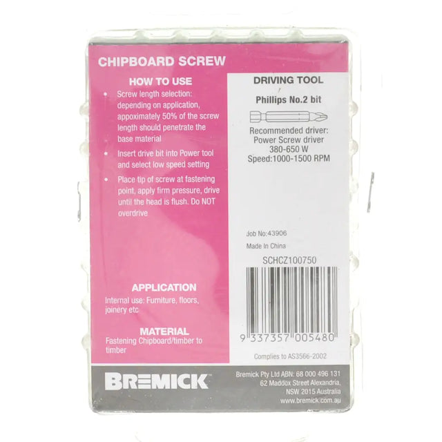 Bremick chipboard screw packaging with pink and white design